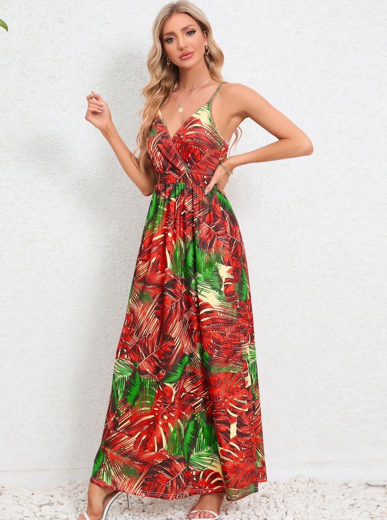 Red Green Tropical Printed Long Dress