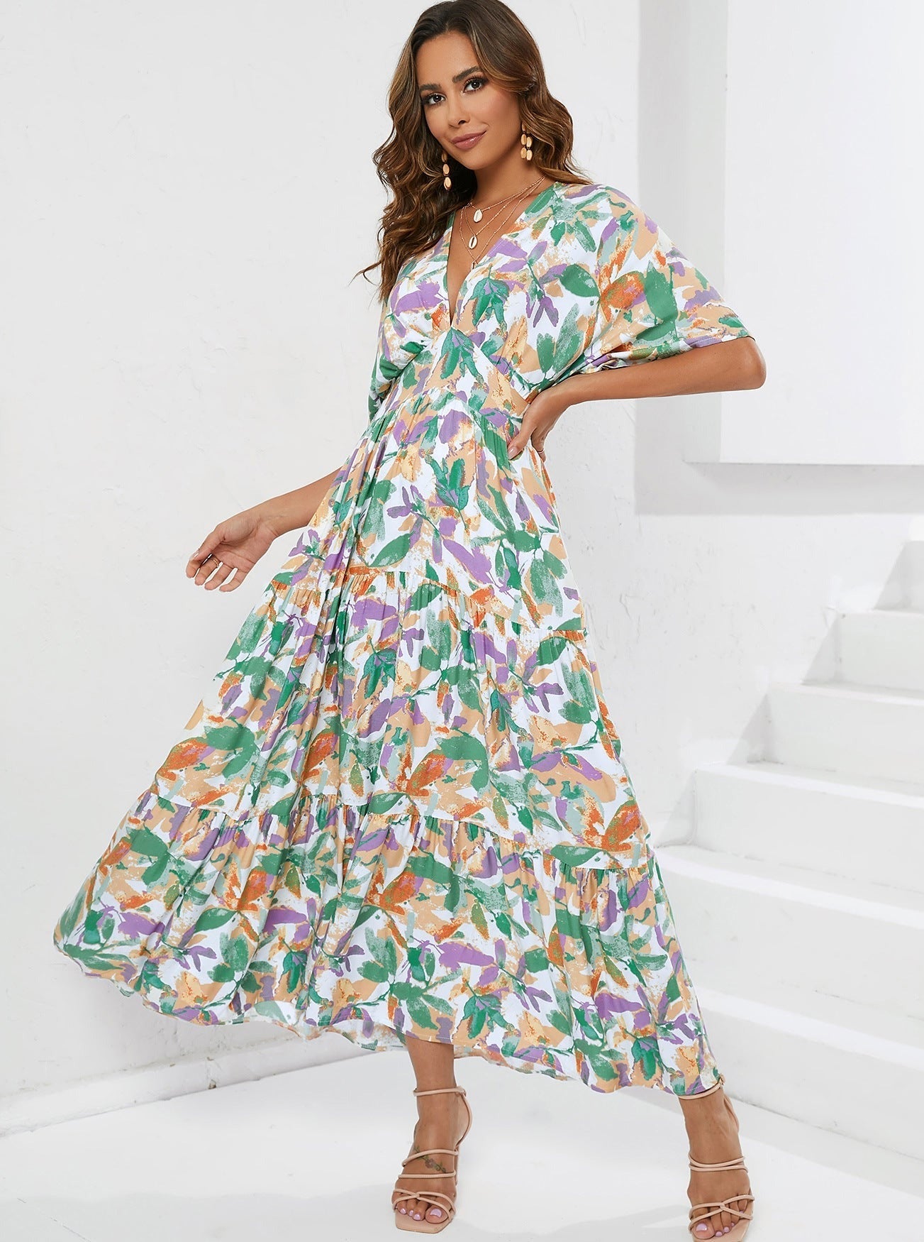 Deep V-Neck Floral Short Sleeve Midi Dress