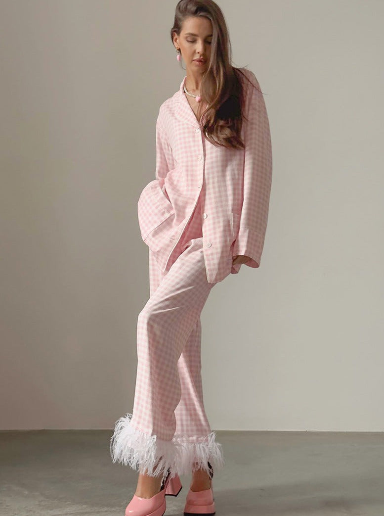 Pink Plaid Loungewear Long Sleeve Sleepwear Two Piece