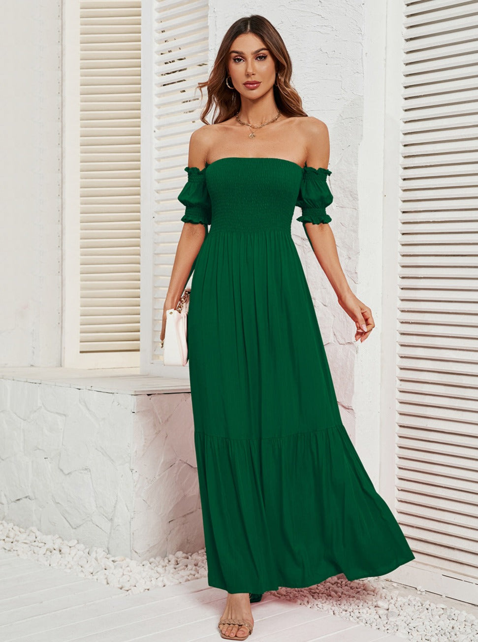 Off Shoulder Bell Sleeve Solid Color Maxi Dress