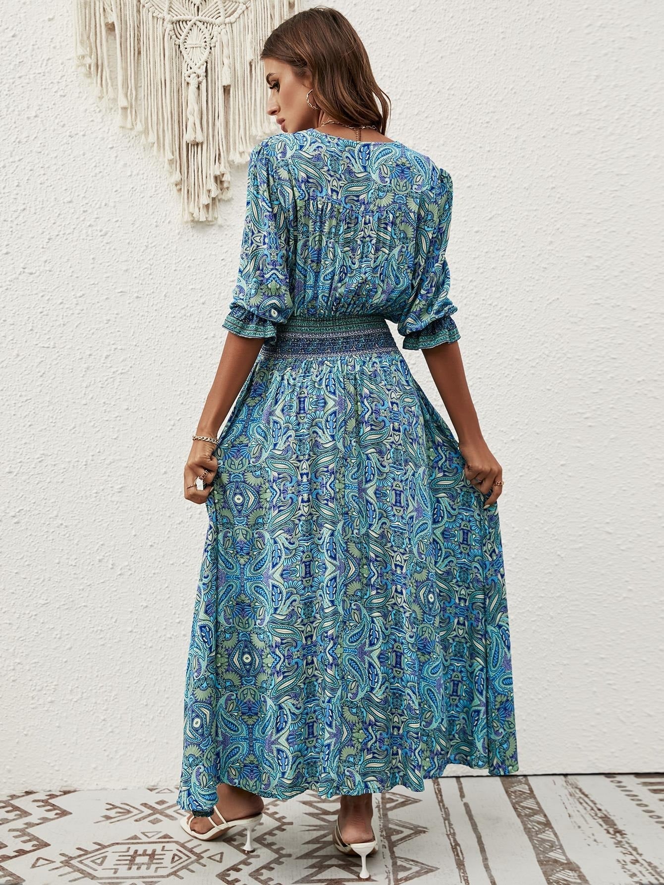 Vintage Boho Printed Half Sleeve Midi Dress