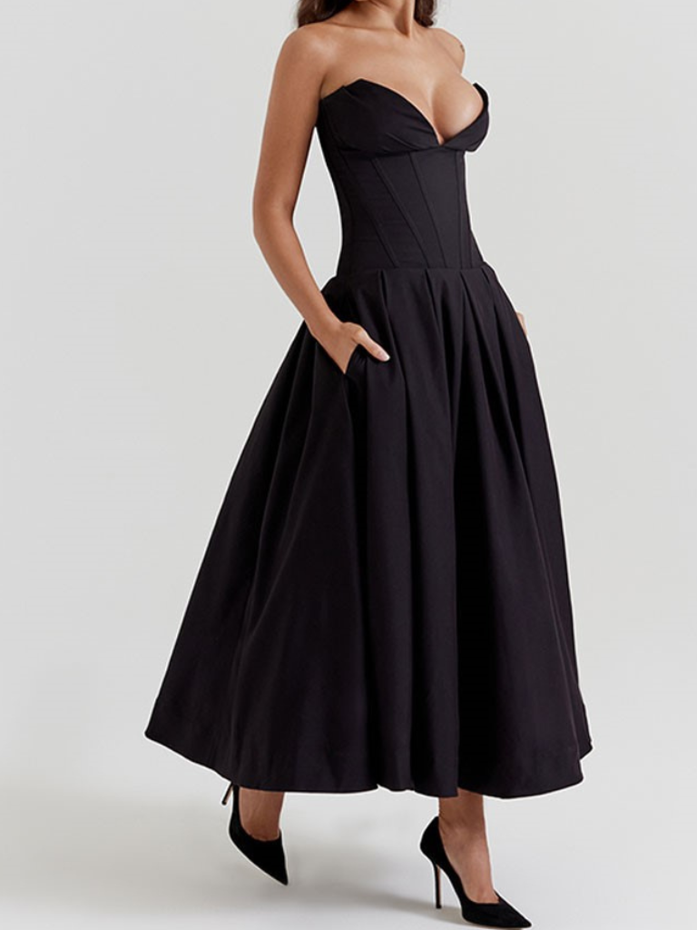 Black Solid Color V-Neck A-Line Dress