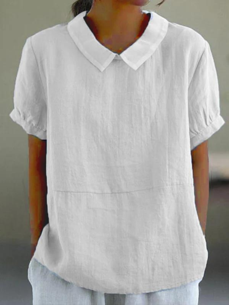 Solid Casual Cotton And Linen Half Sleeve Blouse