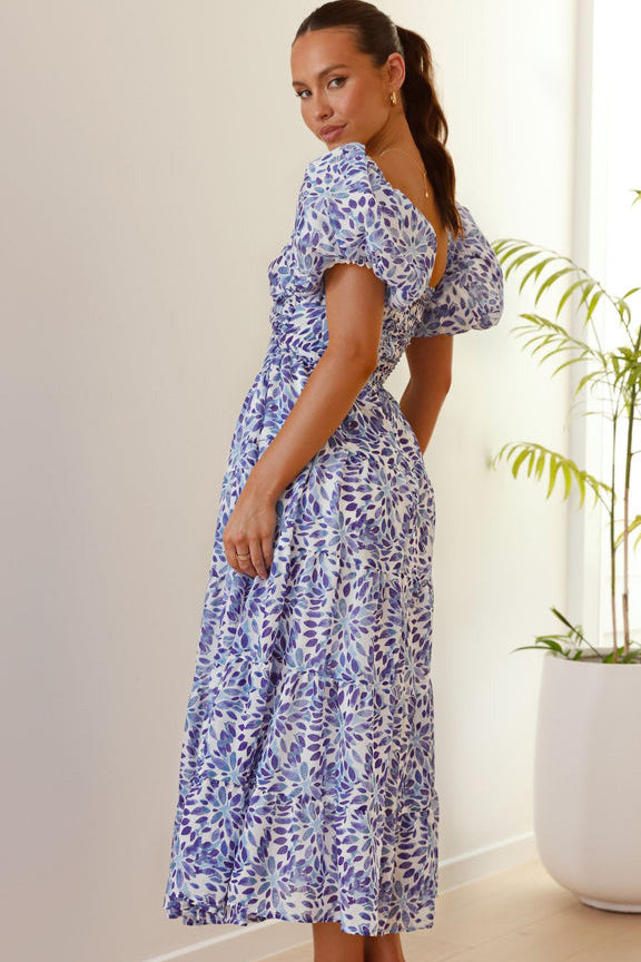 Floral Puff Sleeve Midi Dress in Blue and White