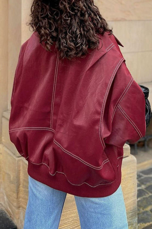 Oversized Lederjacke mit Kontrastnähten – Moderner Urban Style