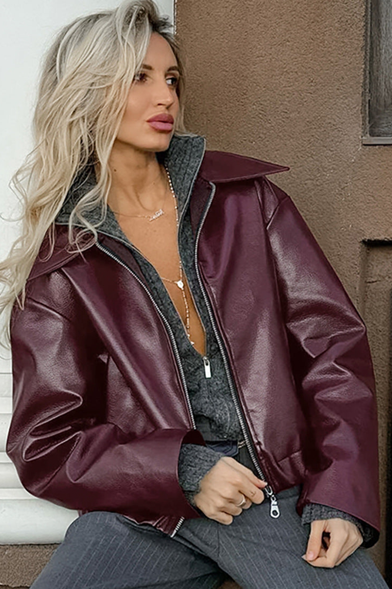 Winterjacke Damen Oversize Kunstlederjacke mit Reißverschluss Übergangsjacke für Damen